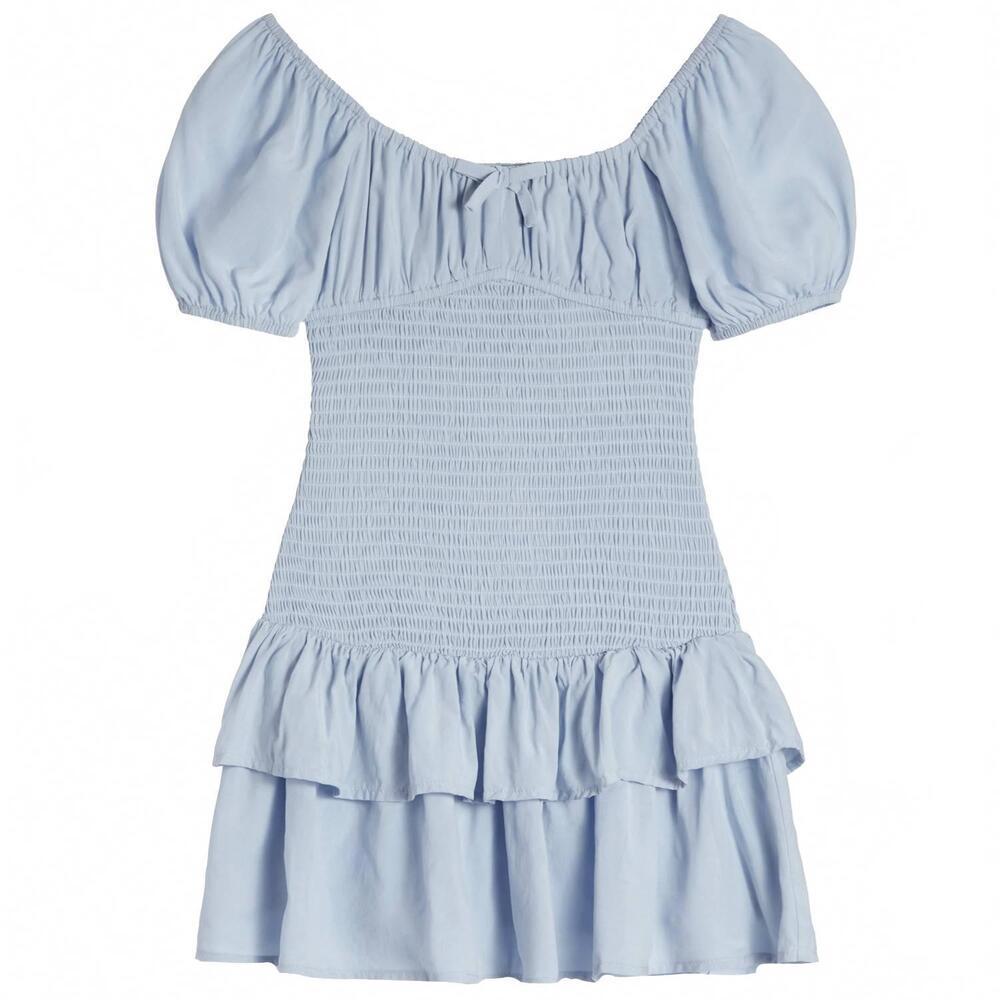 Katie J NYC Powder Blue Smocked Puff Sleeve Mini Dress